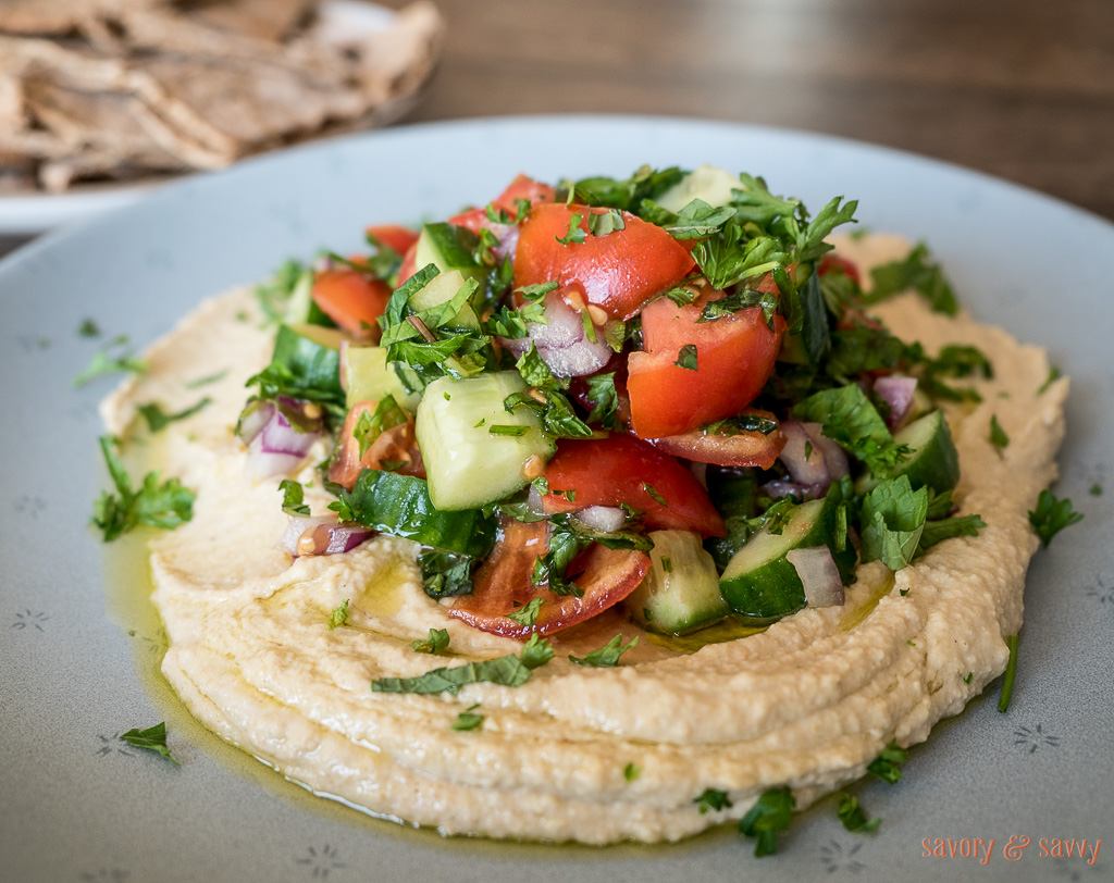 Easy Hummus with Tomato and Cucumber Salad